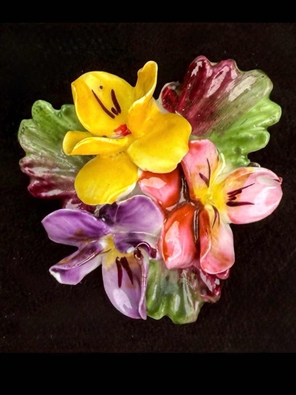 Beautiful vintage hand paint painted 3-D flower brooch pin